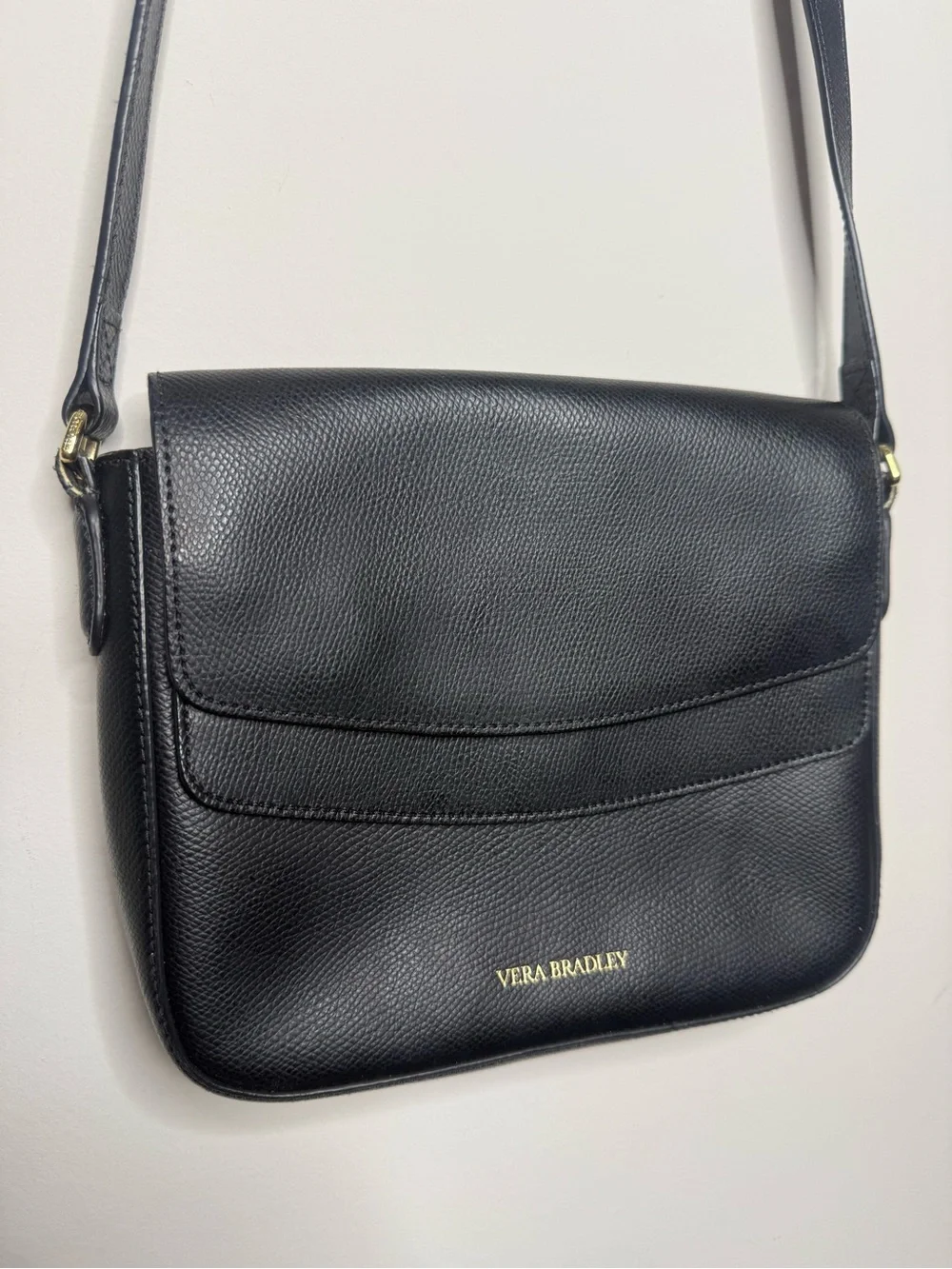 Vera Bradley Black Pebbled Leather Crossbody with Gold Logo